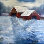 Red Barns in Winter, 36 x 36